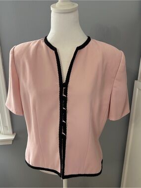 Le Suit Petite 14P Blazer Pink Black Contrast Trim Short Sleeve Lined Career